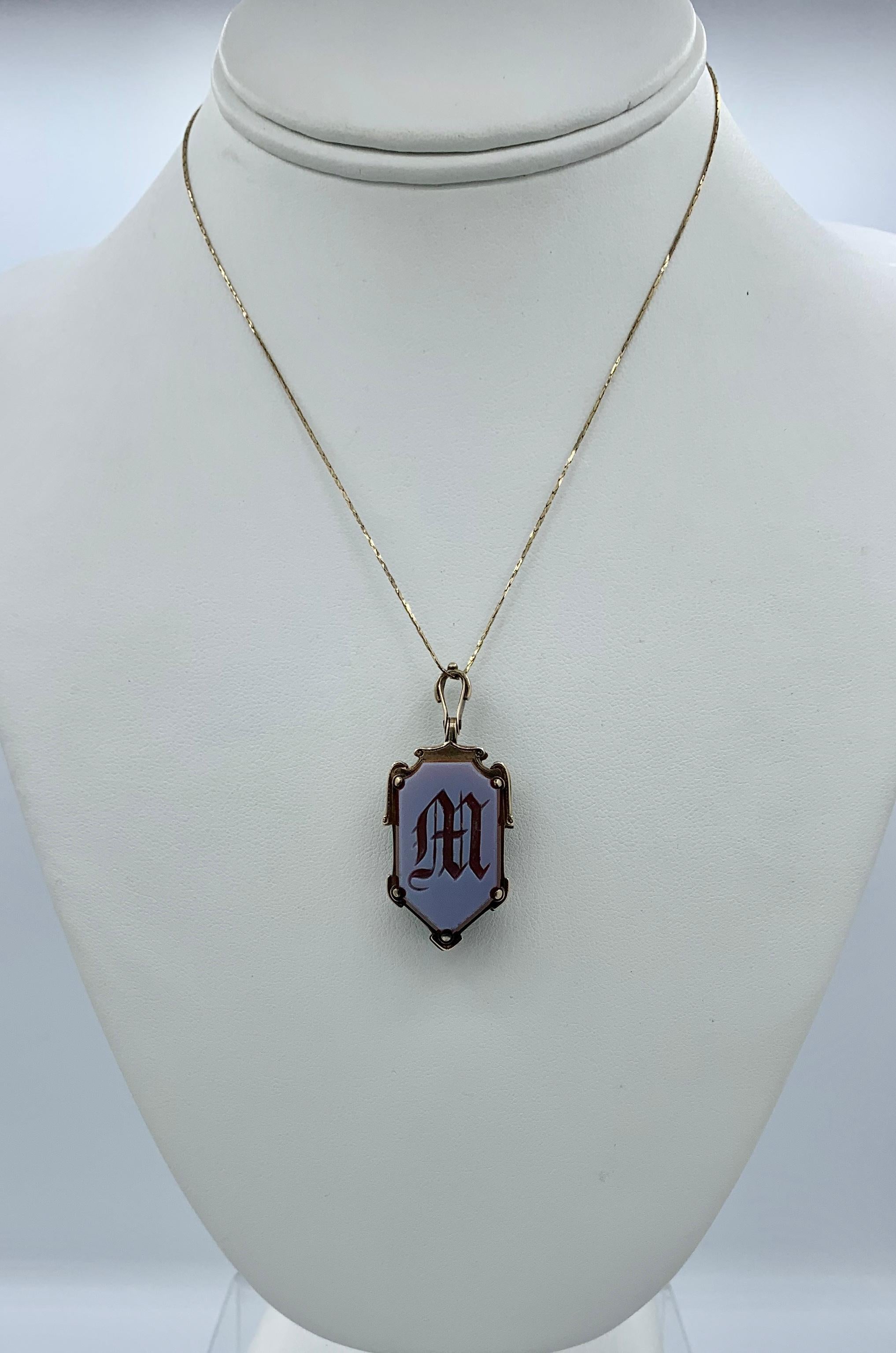 Victorian Banded Onyx Locket Pendant Gold M Initial Sardonyx In Good Condition For Sale In New York, NY