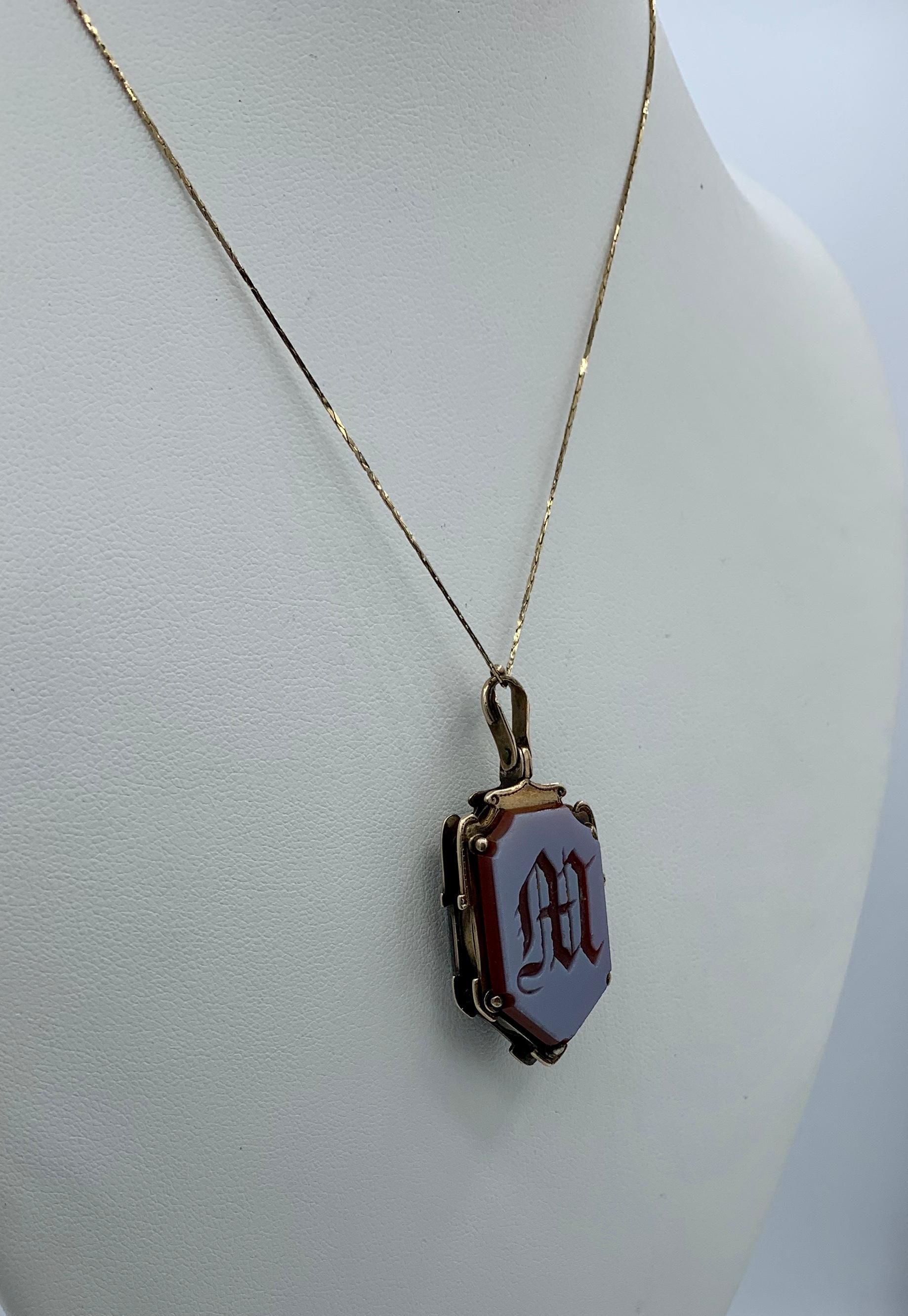 Women's Victorian Banded Onyx Locket Pendant Gold M Initial Sardonyx For Sale