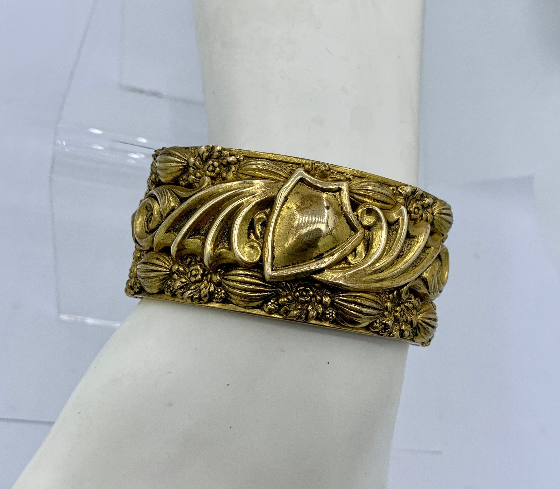 Women's Victorian Bangle Bracelet Flower Motif Heavy Three Dimensional Gold Filled Rare For Sale