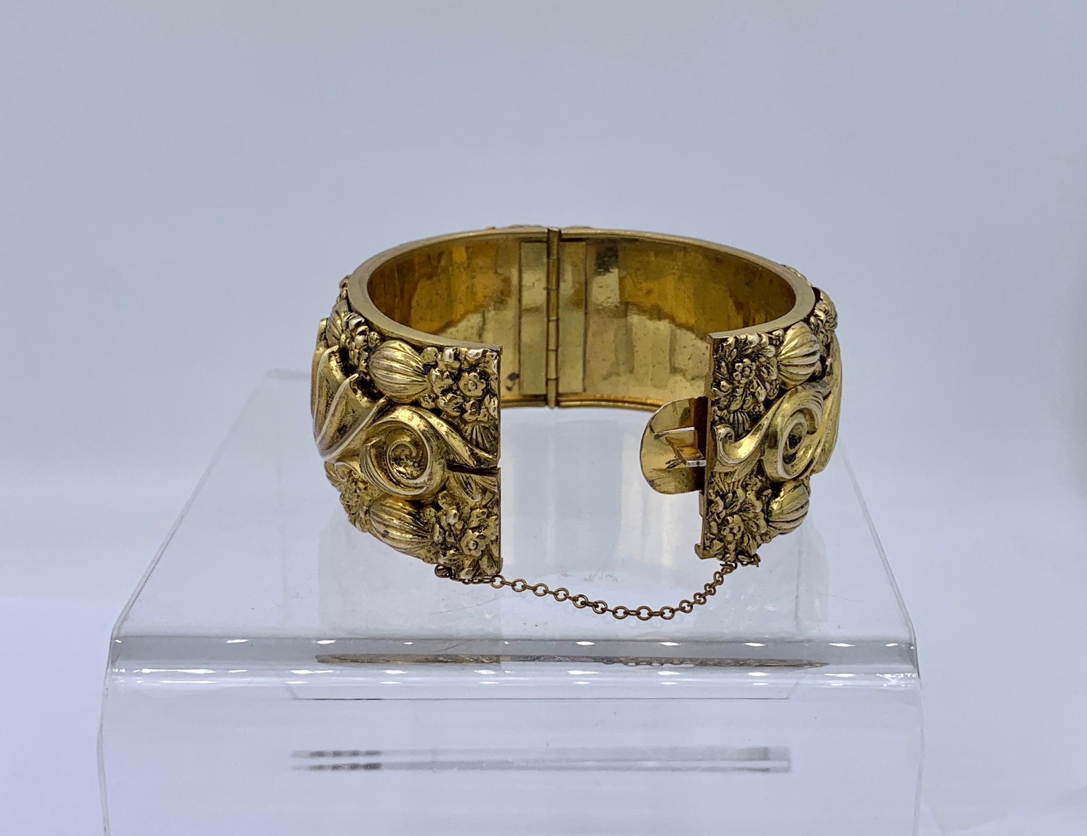 Victorian Bangle Bracelet Flower Motif Heavy Three Dimensional Gold Filled Rare For Sale 2