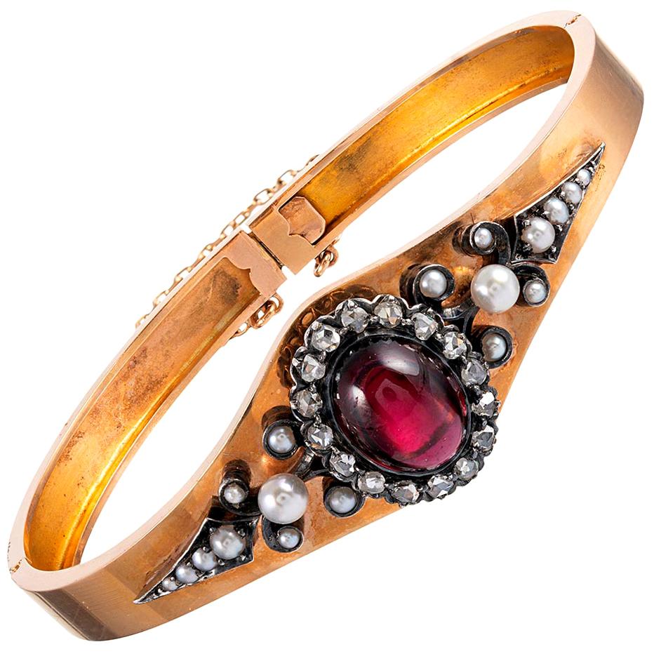 Victorian Bangle Bracelet with Cabochon Garnet, Pearls and Diamonds