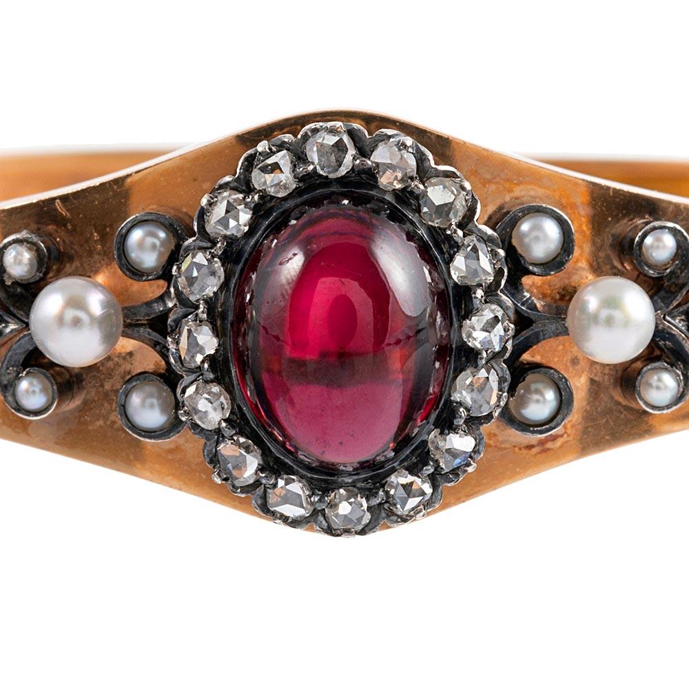 Victorian Bangle Bracelet with Cabochon Garnet, Pearls and Diamonds In Good Condition In Carmel-by-the-Sea, CA