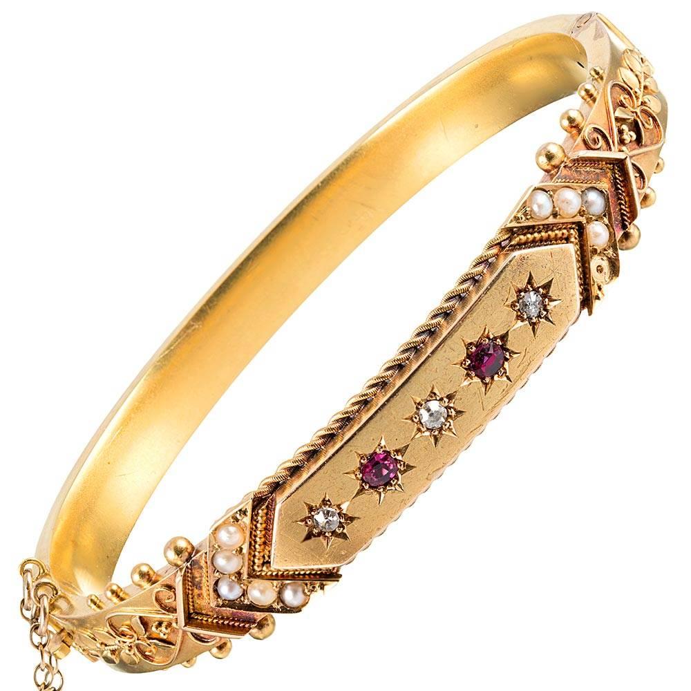 Victorian Bangle Bracelet with Etruscan Detail and Ruby, Diamond and Pearls