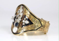 Victorian Bangle w/ Old Mine Cut Diamonds, Blue Sapphire, & Natural Pearl Bangle