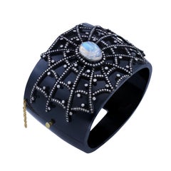 Bracciale vittoriano con onice nera, pietra lunare arcobaleno e diamante in argento 14k/925