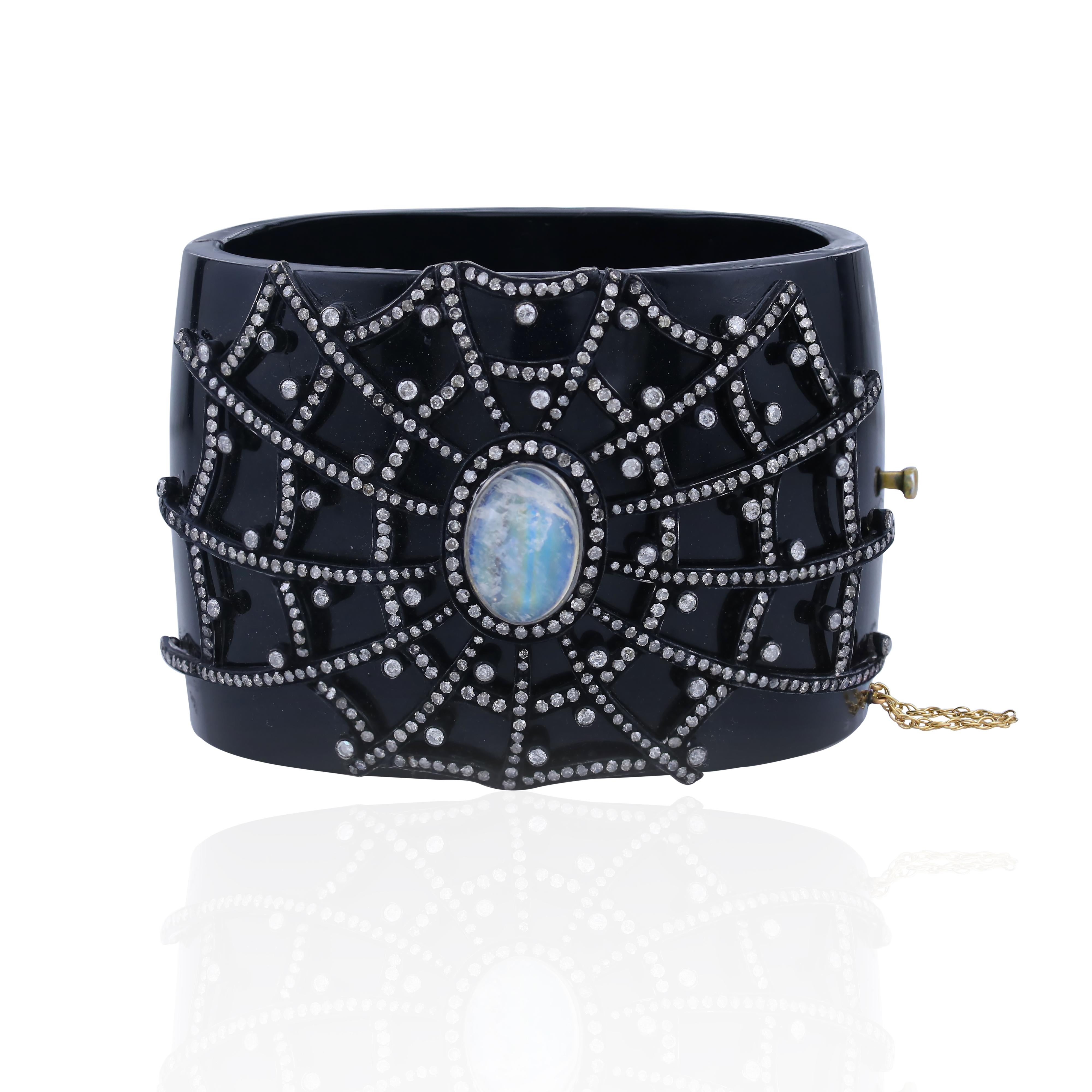 Victorian Bangle with Black Onyx, Rainbow Moonstone & Diamond in 14k/925 Silver In New Condition For Sale In New York, NY