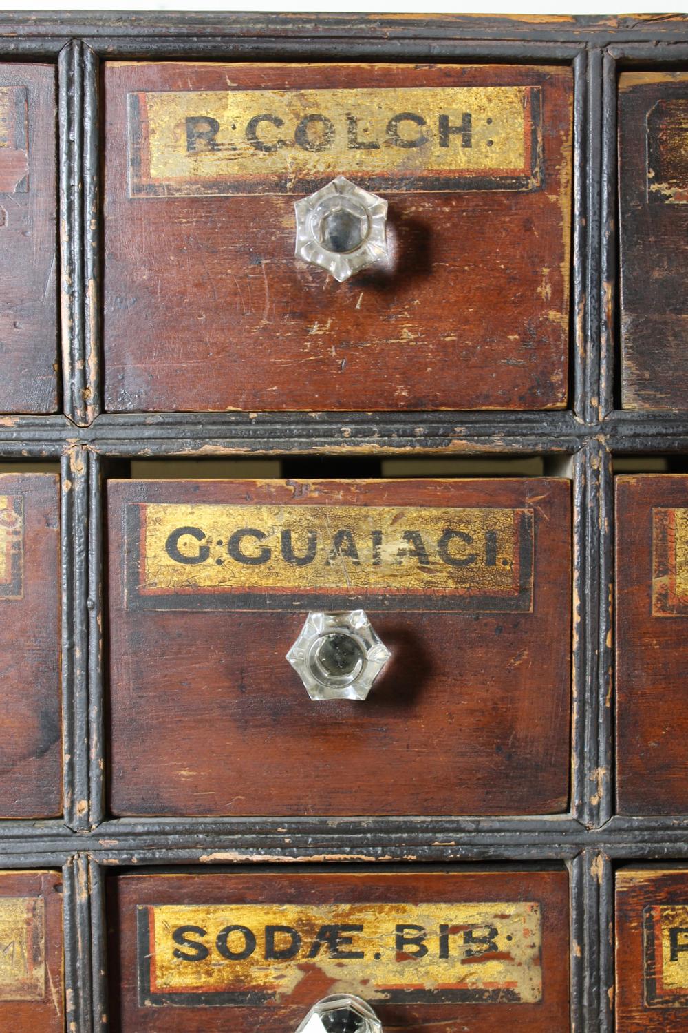 Painted Victorian Bank of Faux Mahogany and Ebonised Chemist or Apothecary Drawers