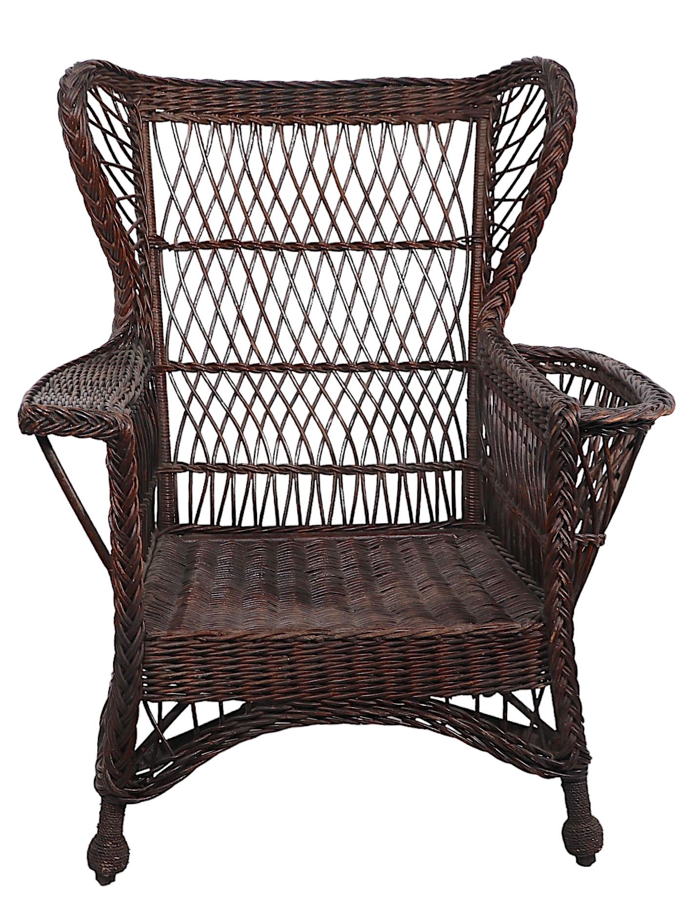 Victorian Bar Harbor Wicker Wing Chair with Magazine Rack Arm For Sale 7