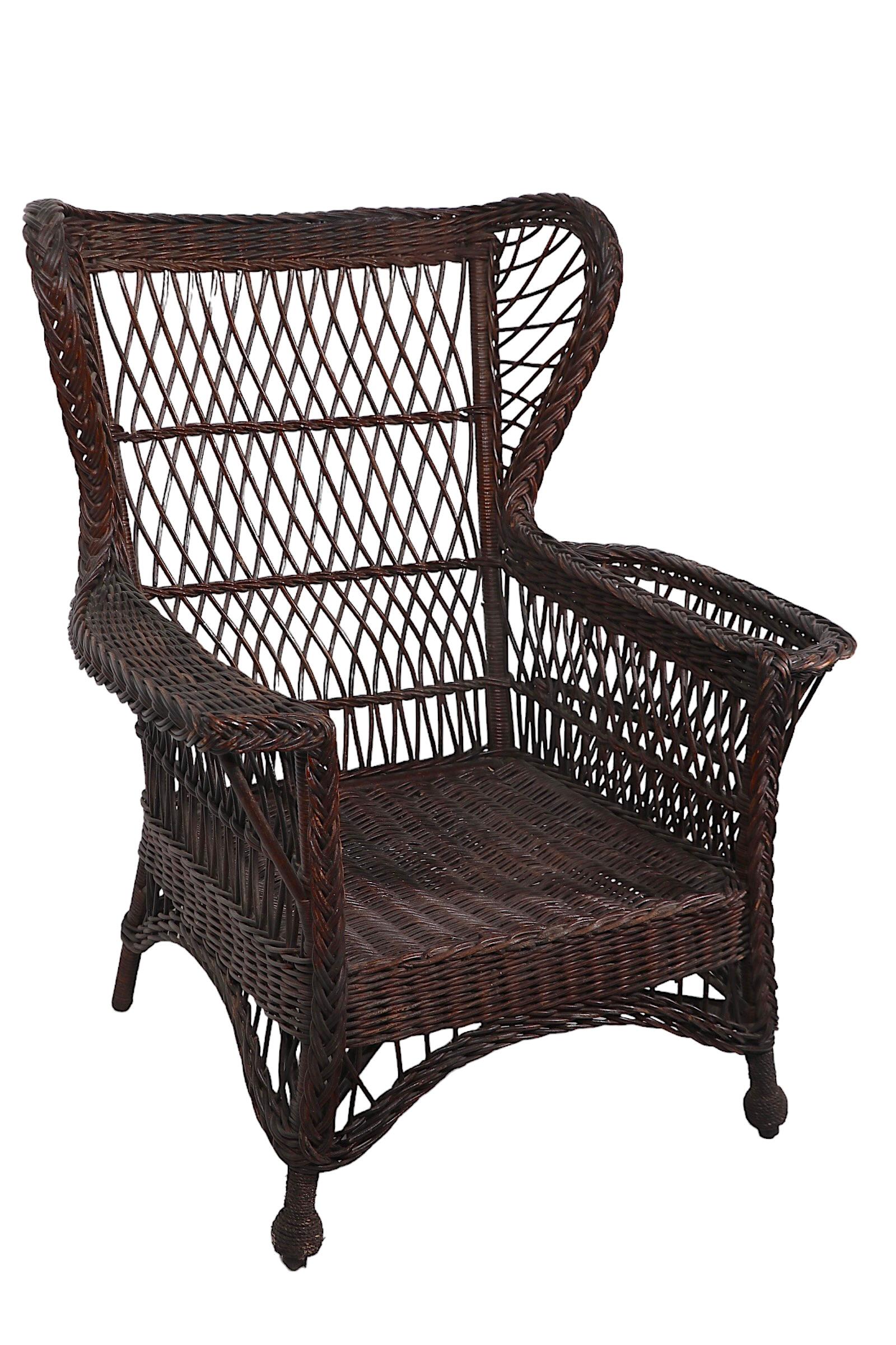 Victorian Bar Harbor Wicker Wing Chair with Magazine Rack Arm For Sale 11