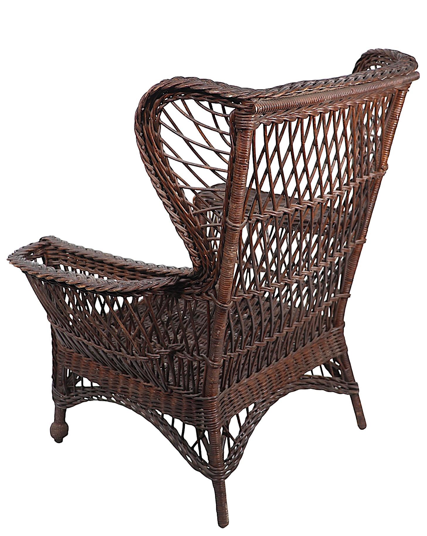 Victorian Bar Harbor Wicker Wing Chair with Magazine Rack Arm For Sale 3