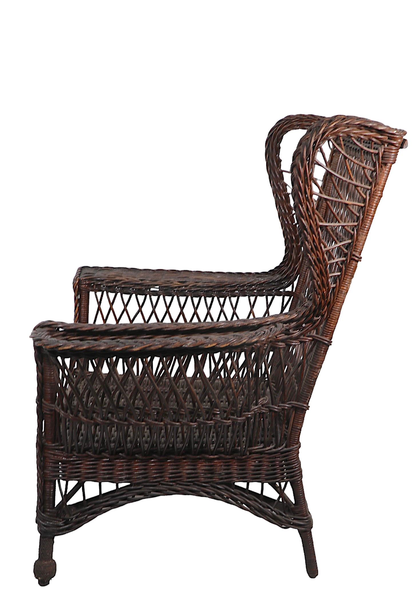 Victorian Bar Harbor Wicker Wing Chair with Magazine Rack Arm For Sale 4