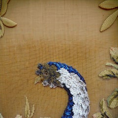 Victorian Barley Twist Rosewood Bead Embroidered Peacock Fireplace Screen c1870