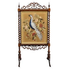 Victorian Barley Twist Rosewood Bead Embroidered Peacock Fireplace Screen c1870