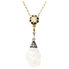 Victorian Baroque Pearl 0.25 Carat Diamond Silver 14 Karat Yellow Gold Necklace