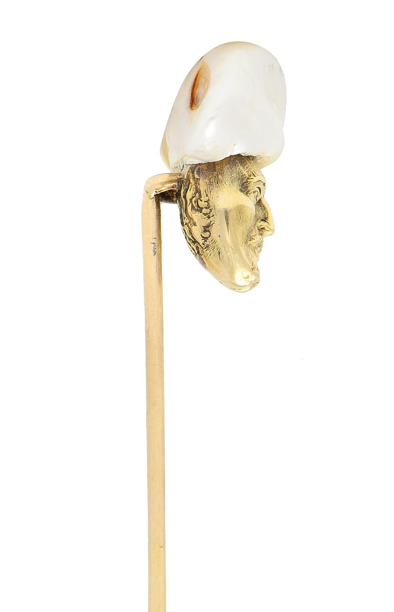 Victorian Baroque Pearl 14 Karat Yellow Gold Sultan Antique Stickpin In Excellent Condition For Sale In Philadelphia, PA