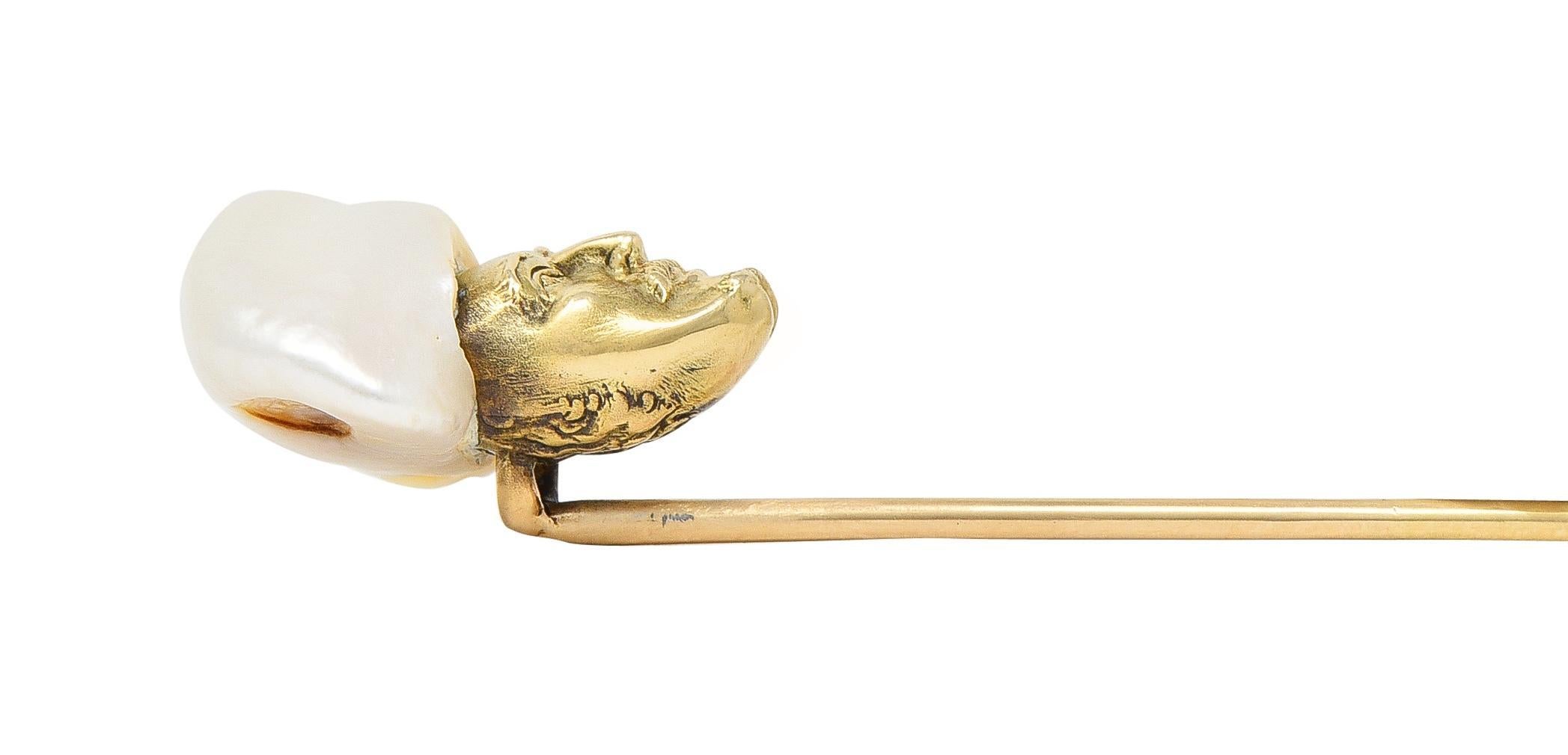 Women's or Men's Victorian Baroque Pearl 14 Karat Yellow Gold Sultan Antique Stickpin For Sale