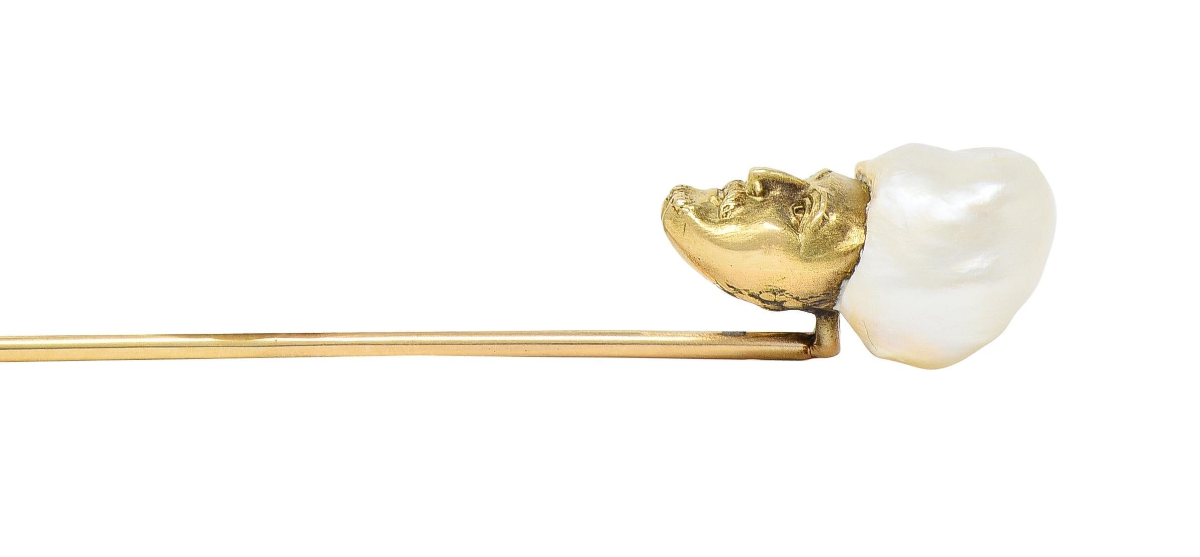Victorian Baroque Pearl 14 Karat Yellow Gold Sultan Antique Stickpin For Sale 3