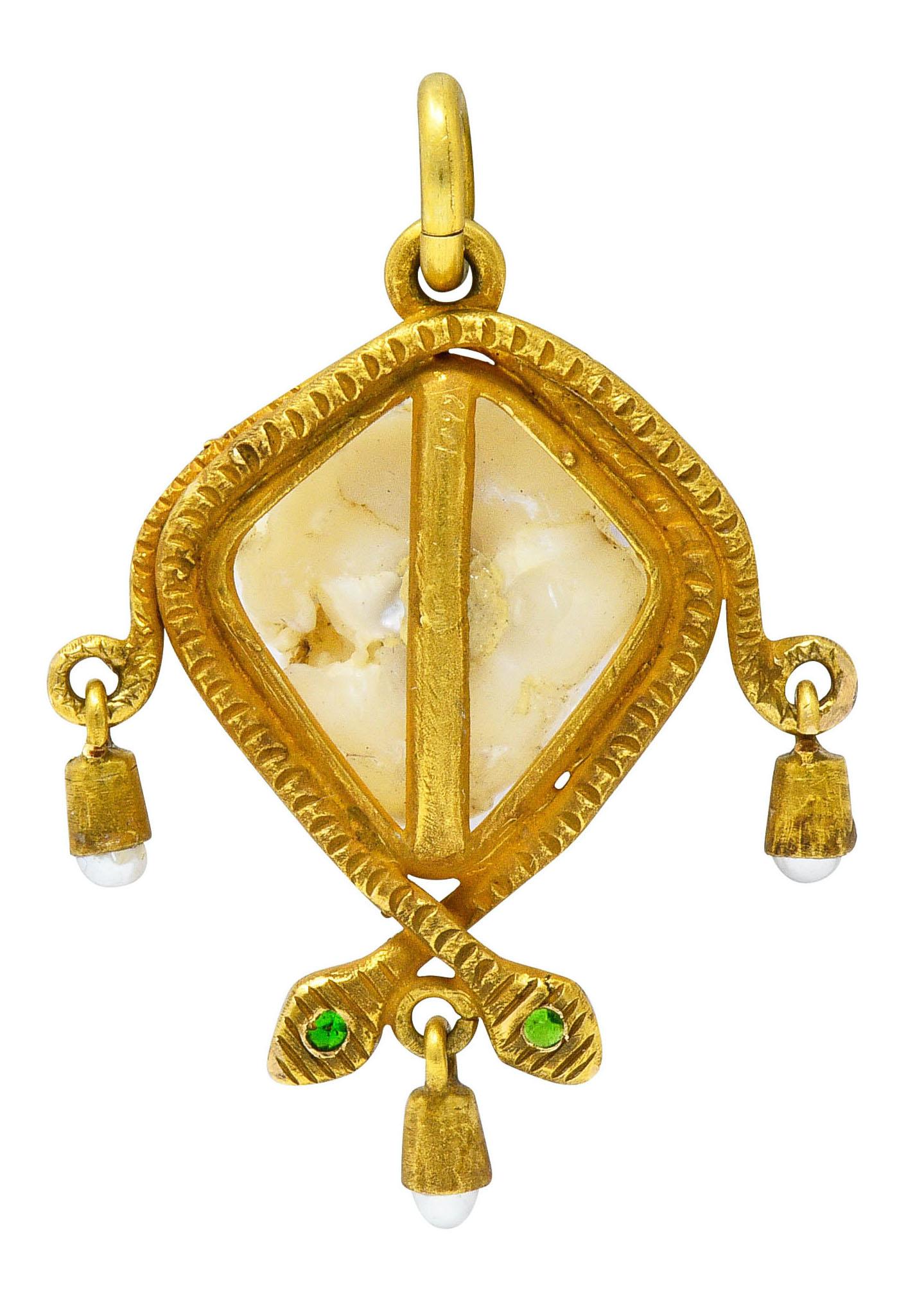 Round Cut Victorian Baroque Pearl Demantoid Garnet 18 Karat Gold Snake Pendant Charm