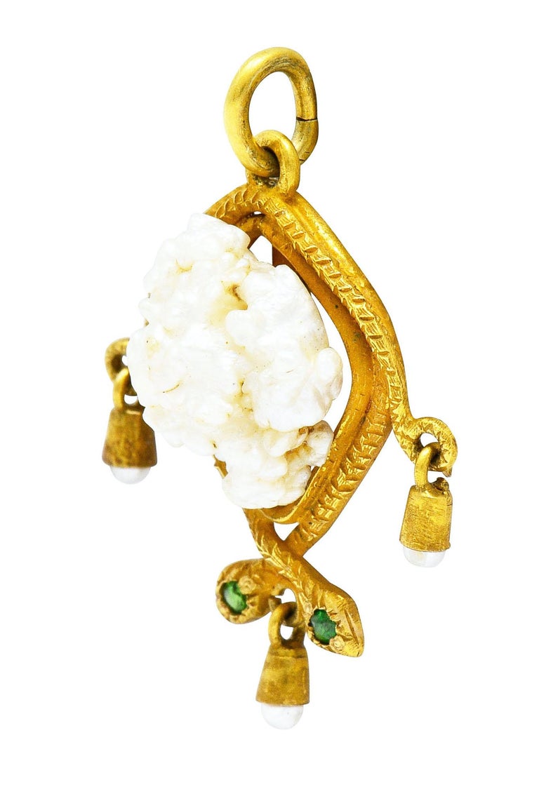 Victorian Baroque Pearl Demantoid Garnet 18 Karat Gold Snake Pendant Charm In Excellent Condition For Sale In Philadelphia, PA