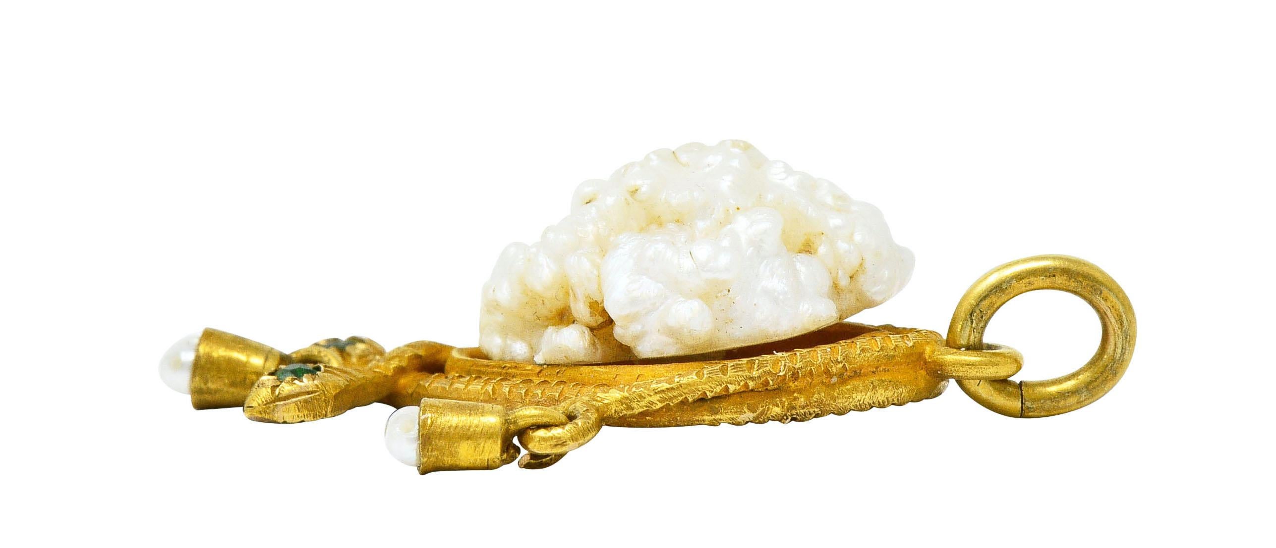 Women's or Men's Victorian Baroque Pearl Demantoid Garnet 18 Karat Gold Snake Pendant Charm