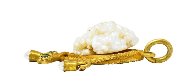 Women's or Men's Victorian Baroque Pearl Demantoid Garnet 18 Karat Gold Snake Pendant Charm For Sale
