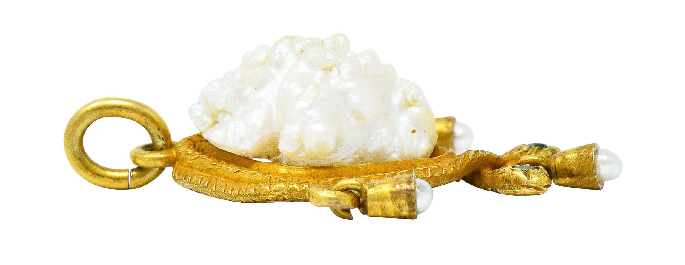 Victorian Baroque Pearl Demantoid Garnet 18 Karat Gold Snake Pendant Charm 1