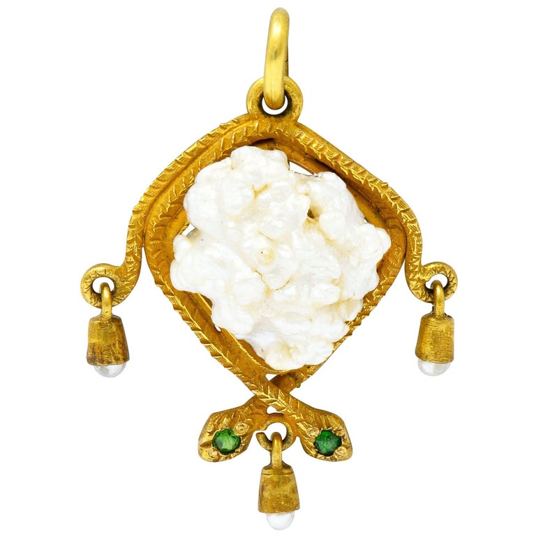 Victorian Baroque Pearl Demantoid Garnet 18 Karat Gold Snake Pendant Charm For Sale