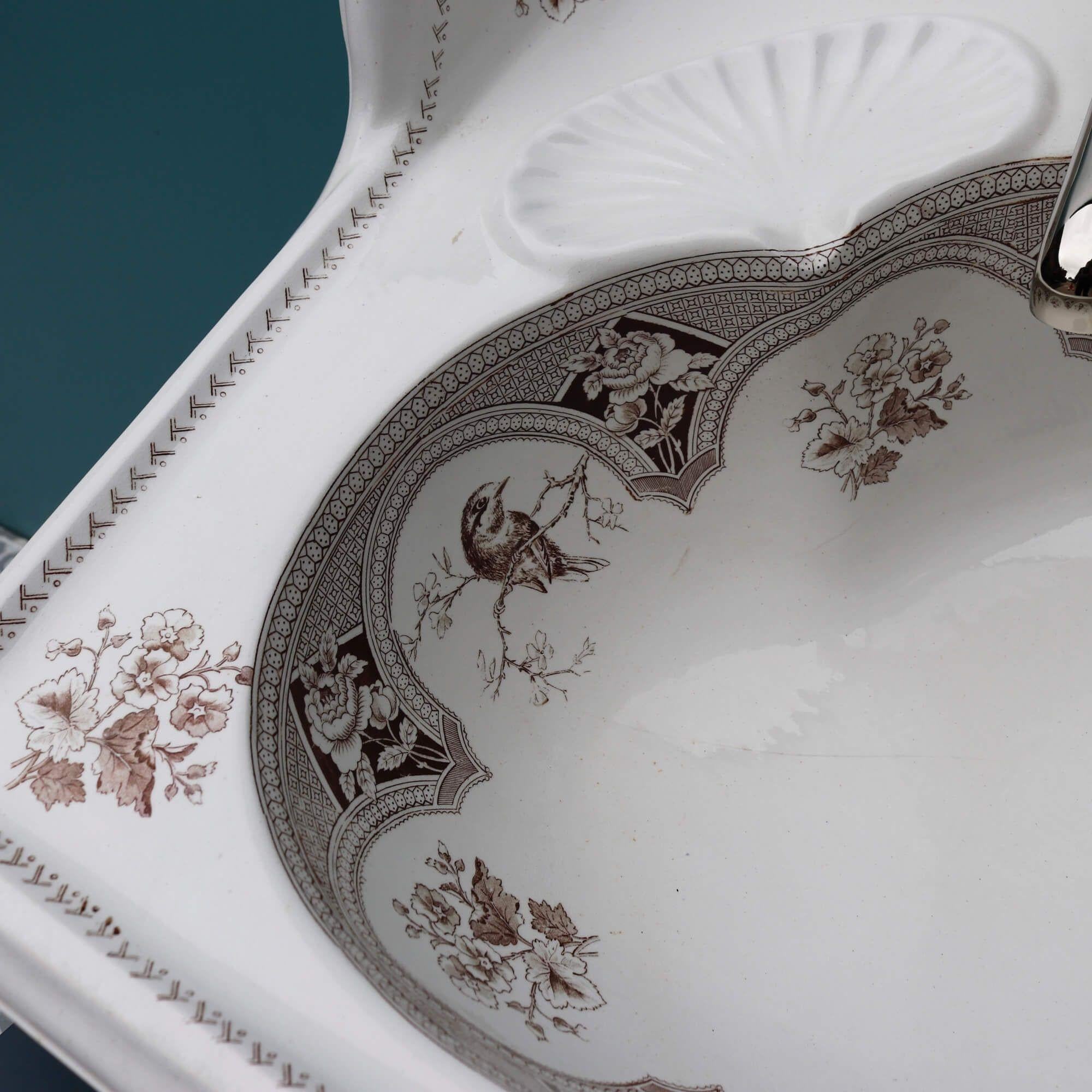 English Victorian Bathroom Washbasin with Sepia Transfer Print For Sale