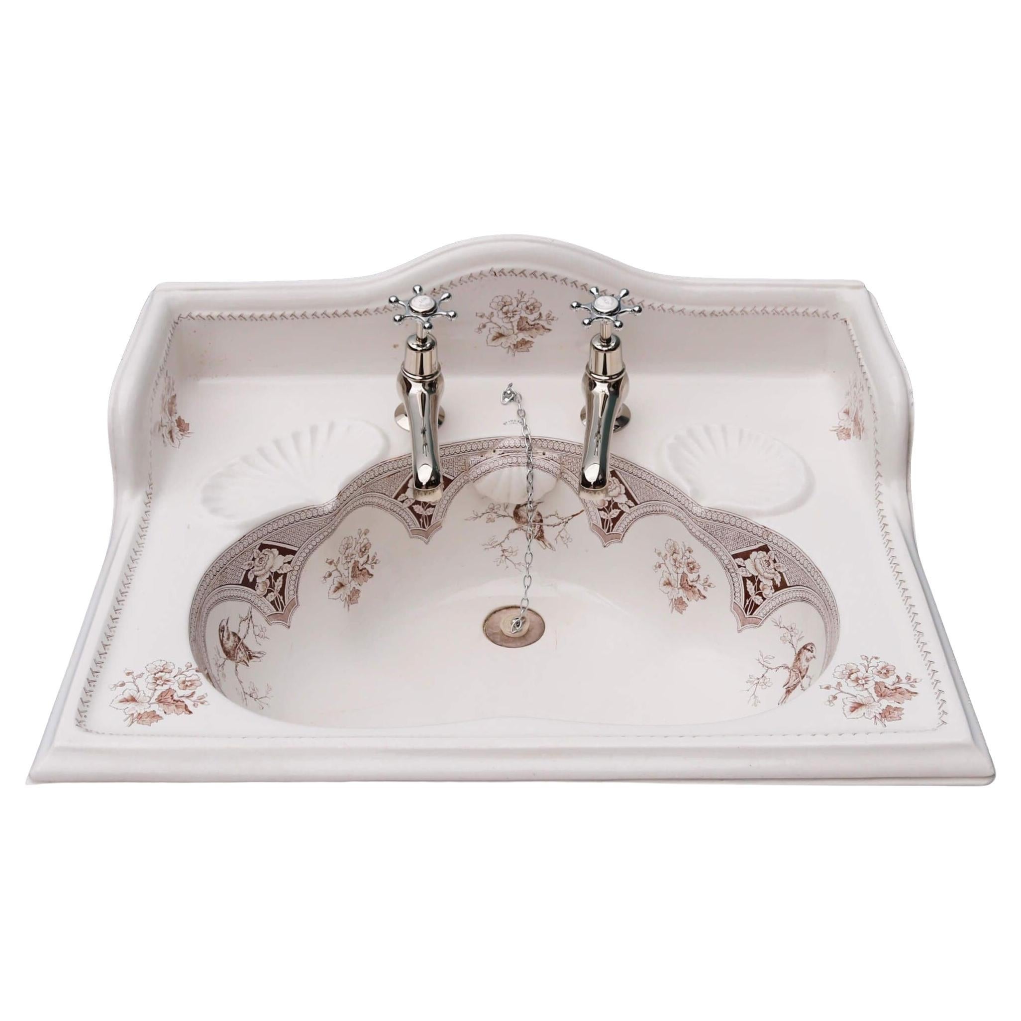 Victorian Bathroom Washbasin with Sepia Transfer Print For Sale