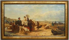 Victorian Beach Scene with Figures and Horses, Hand-Painted, 36x62