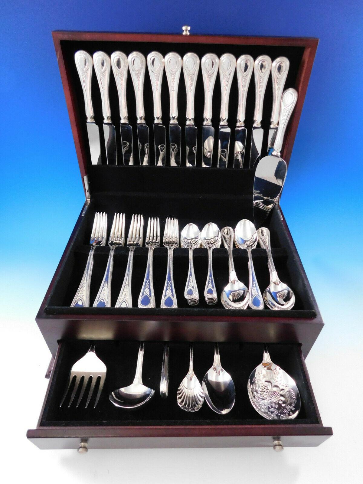 Outstanding dinner size Victorian bead by Carrs England sterling silver cutlery set, 67 pieces. This set includes:

12 dinner size knives, 9 3/4