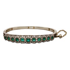 Victorian Beautiful Antique Emerald and Diamond Hinged Bangle, Circa 1890s