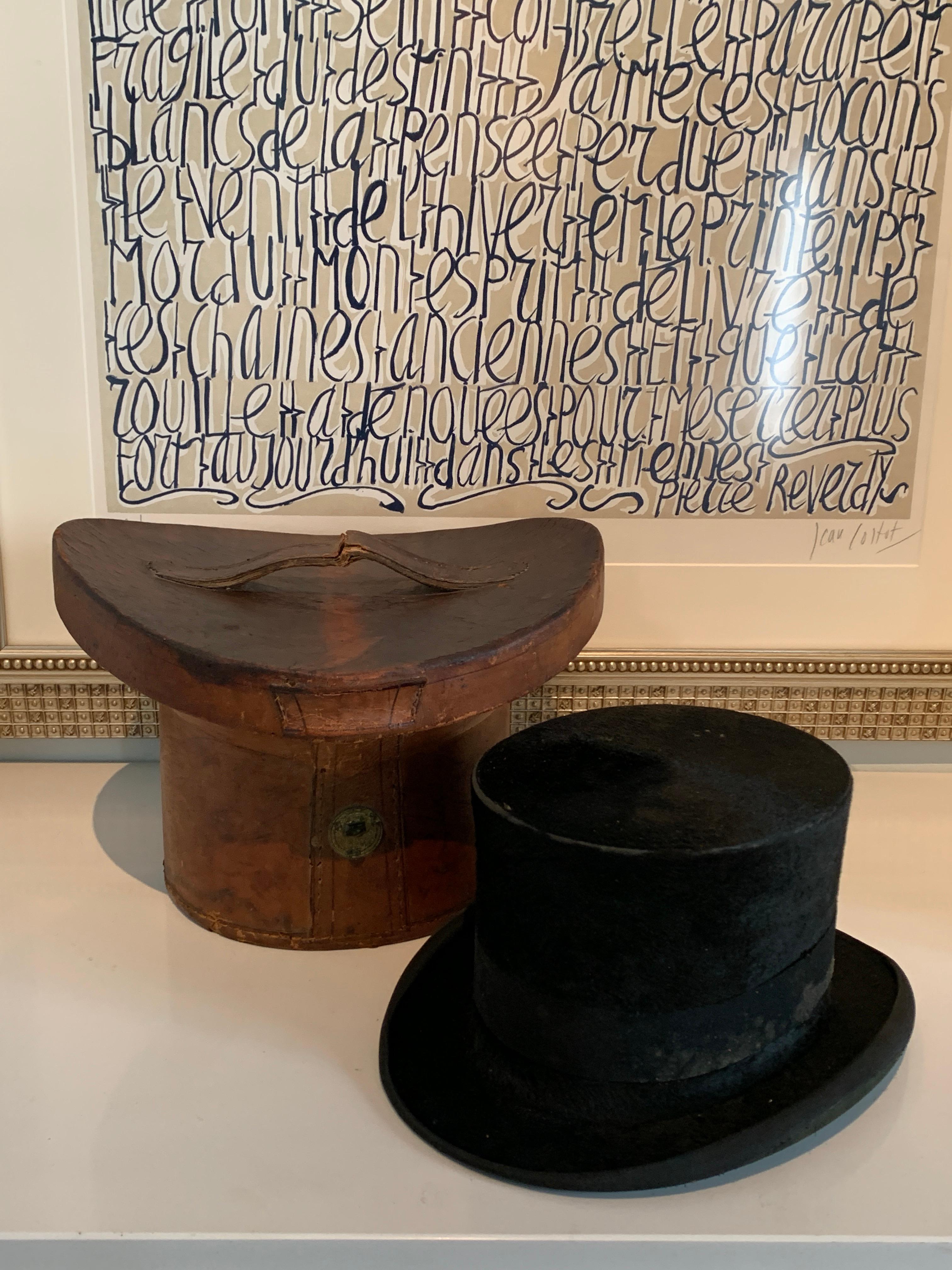 English Victorian Beaver Silk Top Hat with Custom Leather Hat Box For Sale
