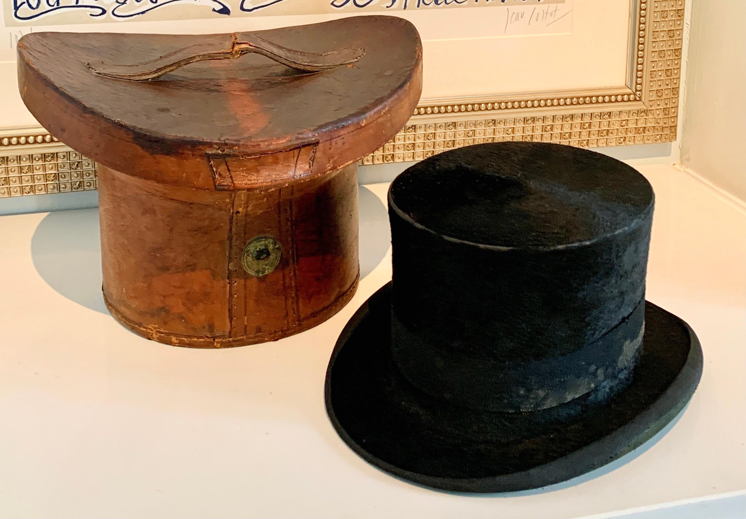 Victorian Beaver Silk Top Hat with Custom Leather Hat Box In Good Condition For Sale In Los Angeles, CA