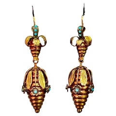 Antique Victorian Bee Hive Gold Drop Earrings 