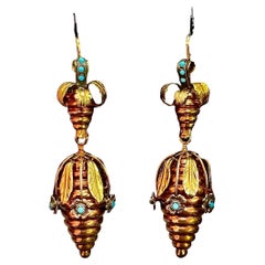 Boucles d'oreilles victoriennes ruche d'abeille turquoise deux tons or Circa 1880
