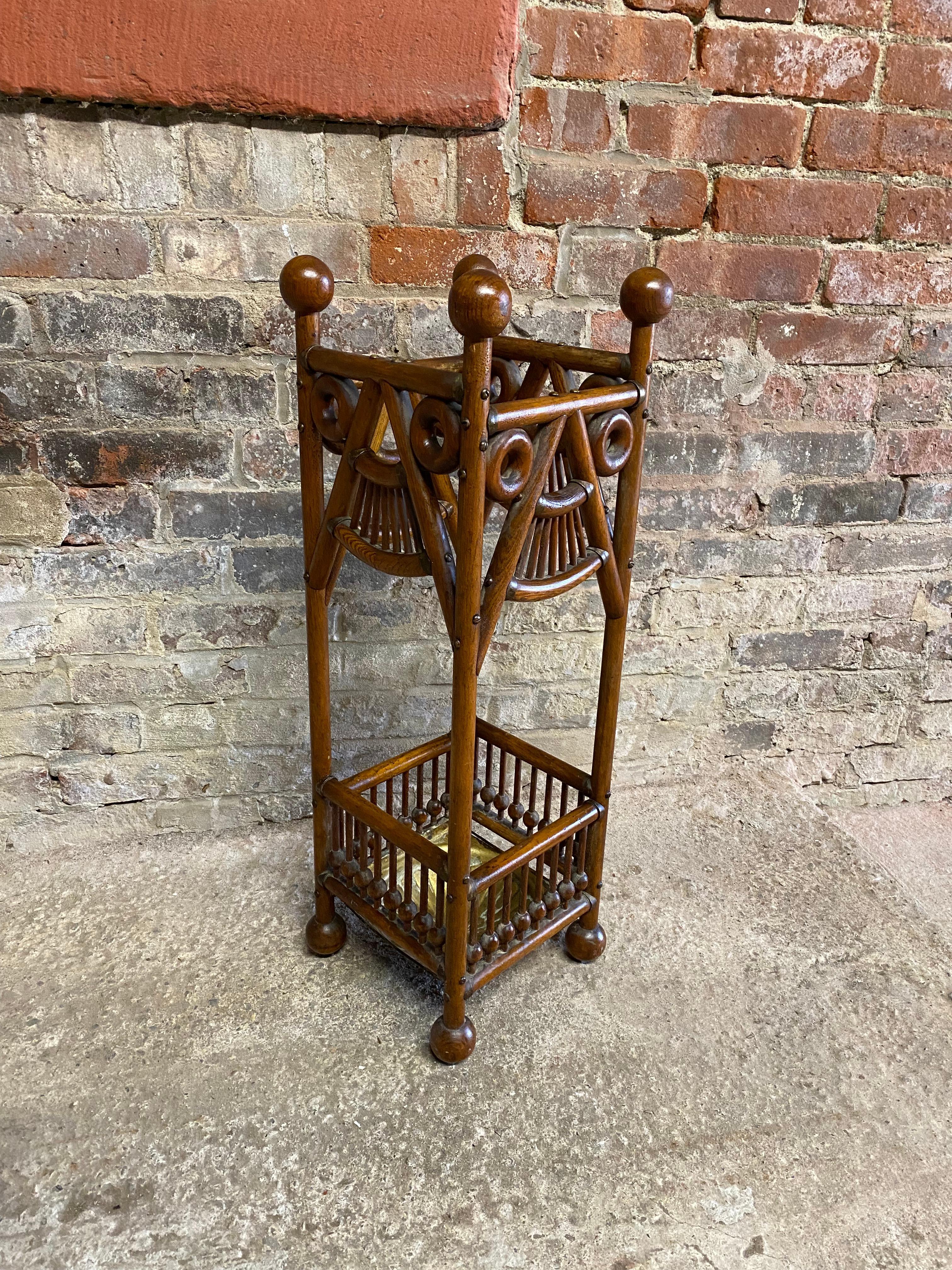 Late Victorian Victorian Beech and Brass Stick and Ball Umbrella Stand