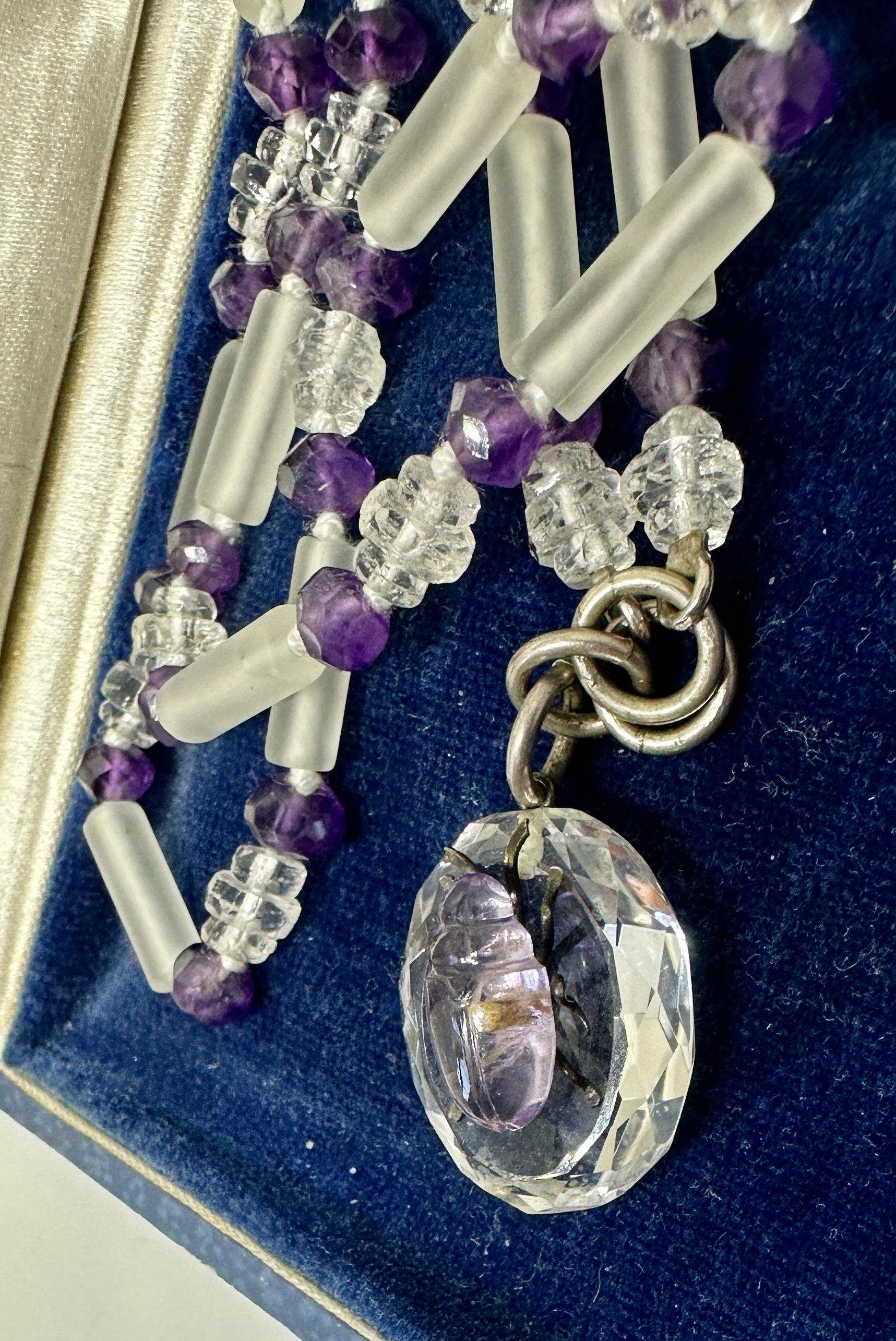 Victorian Beetle Bug Insect Necklace Amethyst Rock Crystal Antique Art Deco For Sale 5