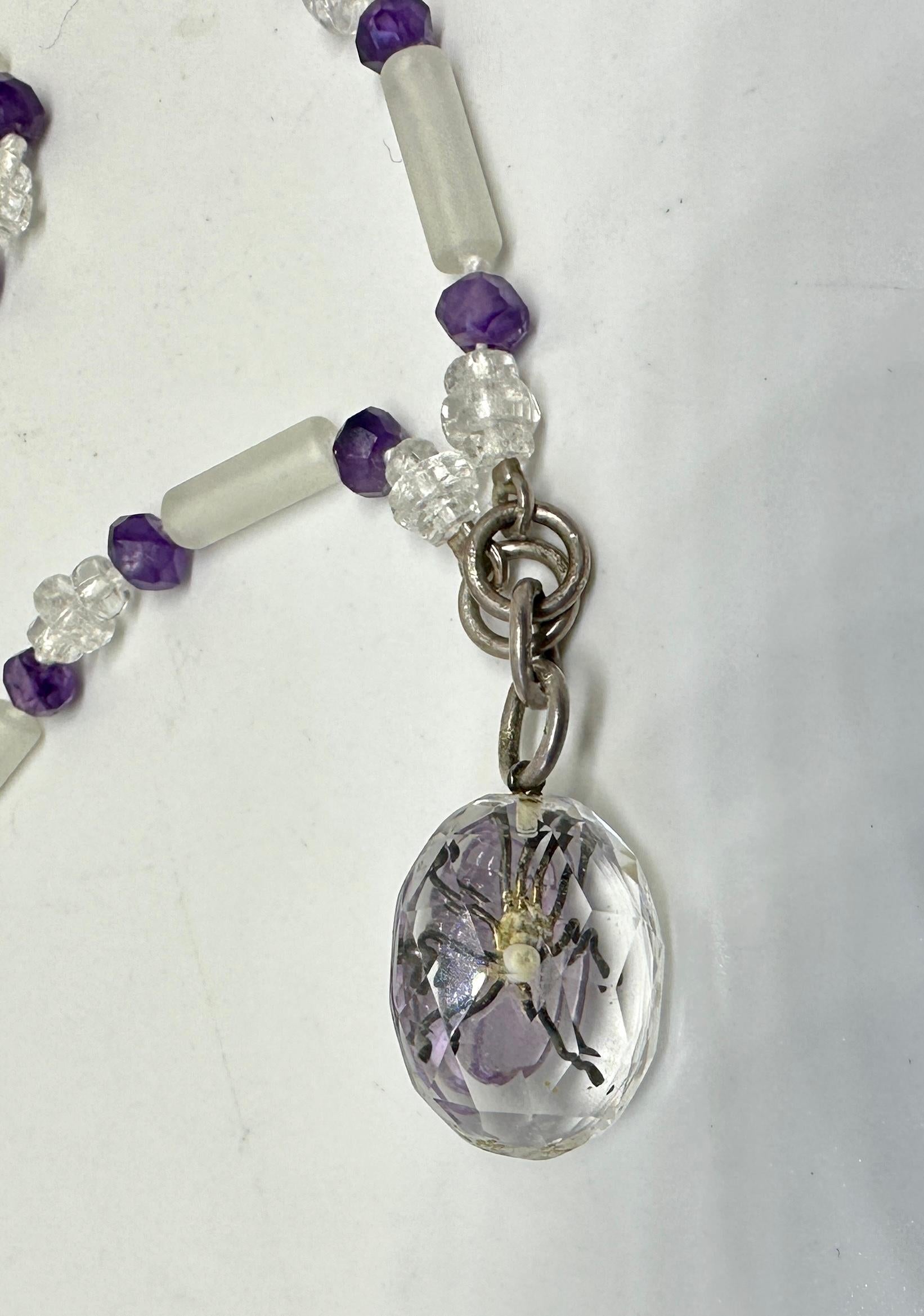 Victorian Beetle Bug Insect Necklace Amethyst Rock Crystal Antique Art Deco For Sale 6