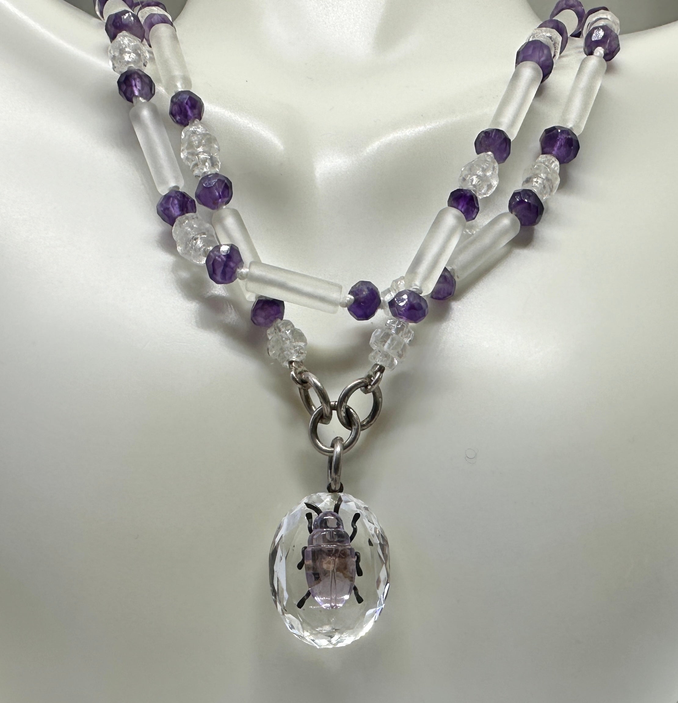 Mixed Cut Victorian Beetle Bug Insect Necklace Amethyst Rock Crystal Antique Art Deco For Sale