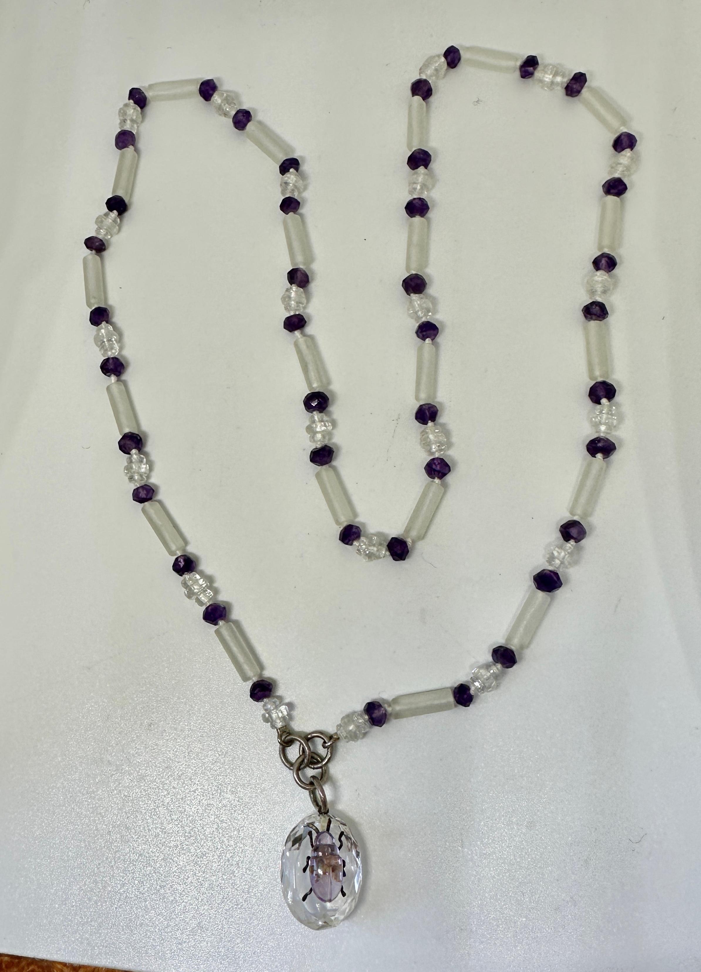 Victorian Beetle Bug Insect Necklace Amethyst Rock Crystal Antique Art Deco In Excellent Condition For Sale In New York, NY