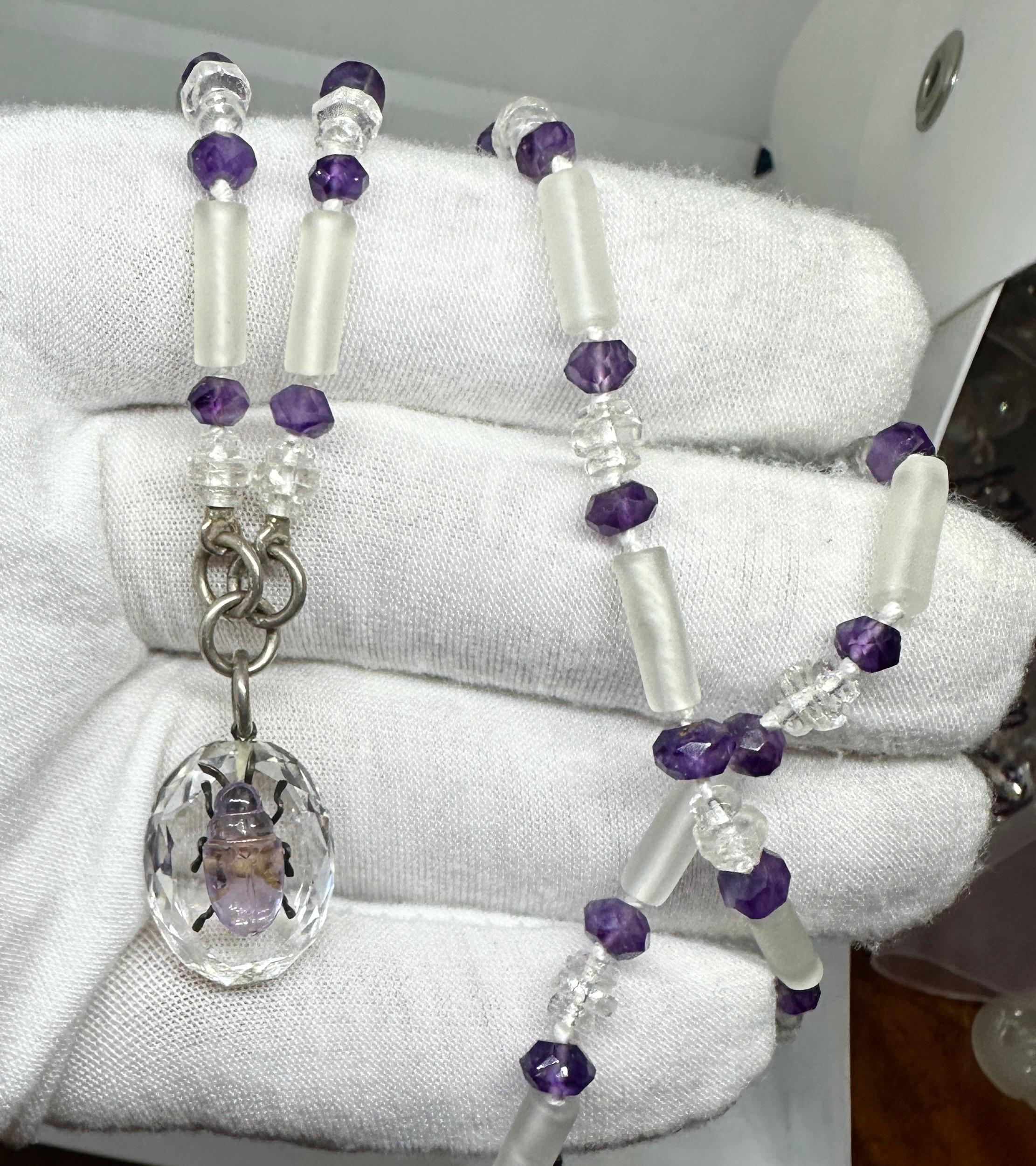 Women's or Men's Victorian Beetle Bug Insect Necklace Amethyst Rock Crystal Antique Art Deco For Sale