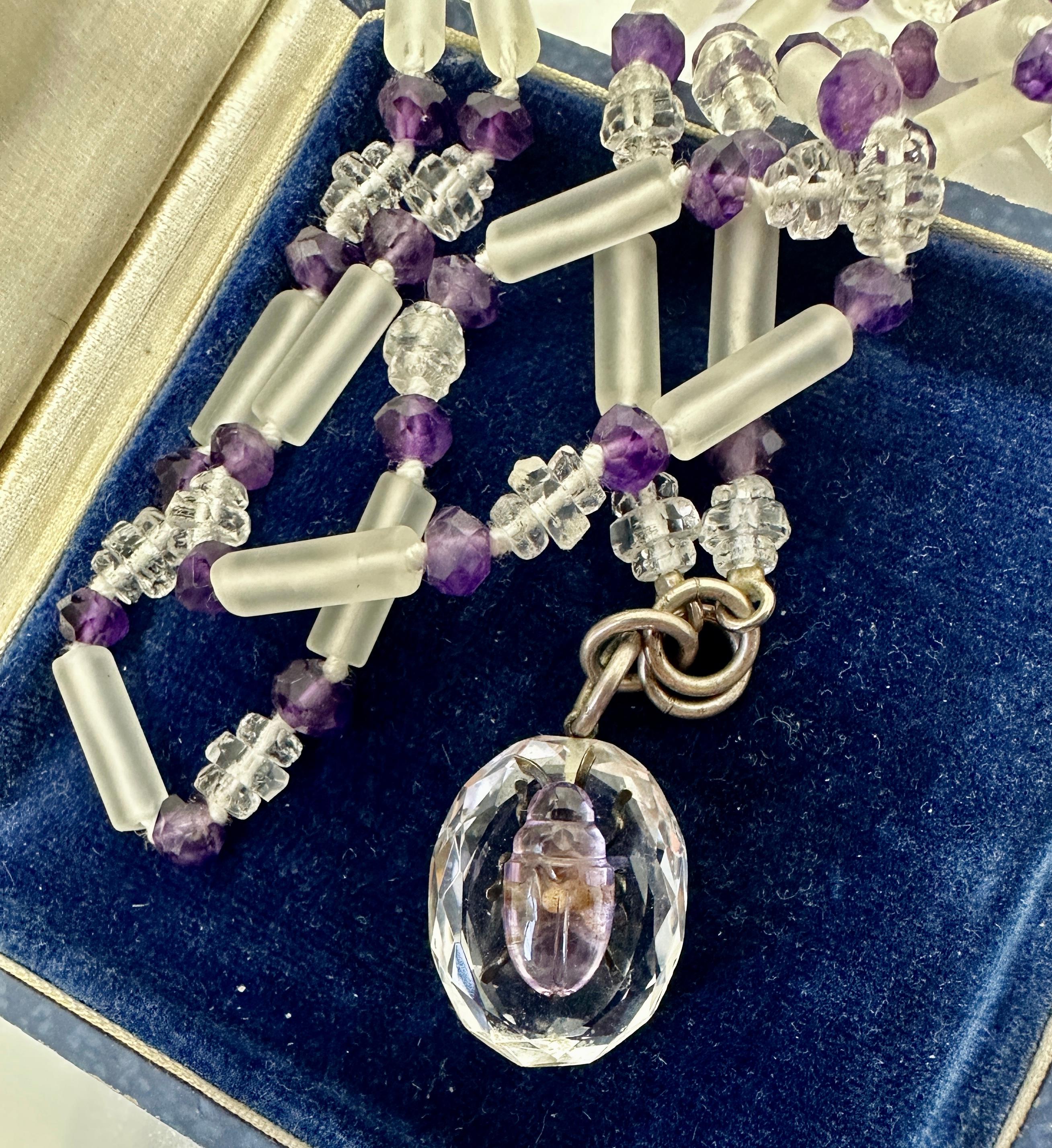 Victorian Beetle Bug Insect Necklace Amethyst Rock Crystal Antique Art Deco For Sale 1