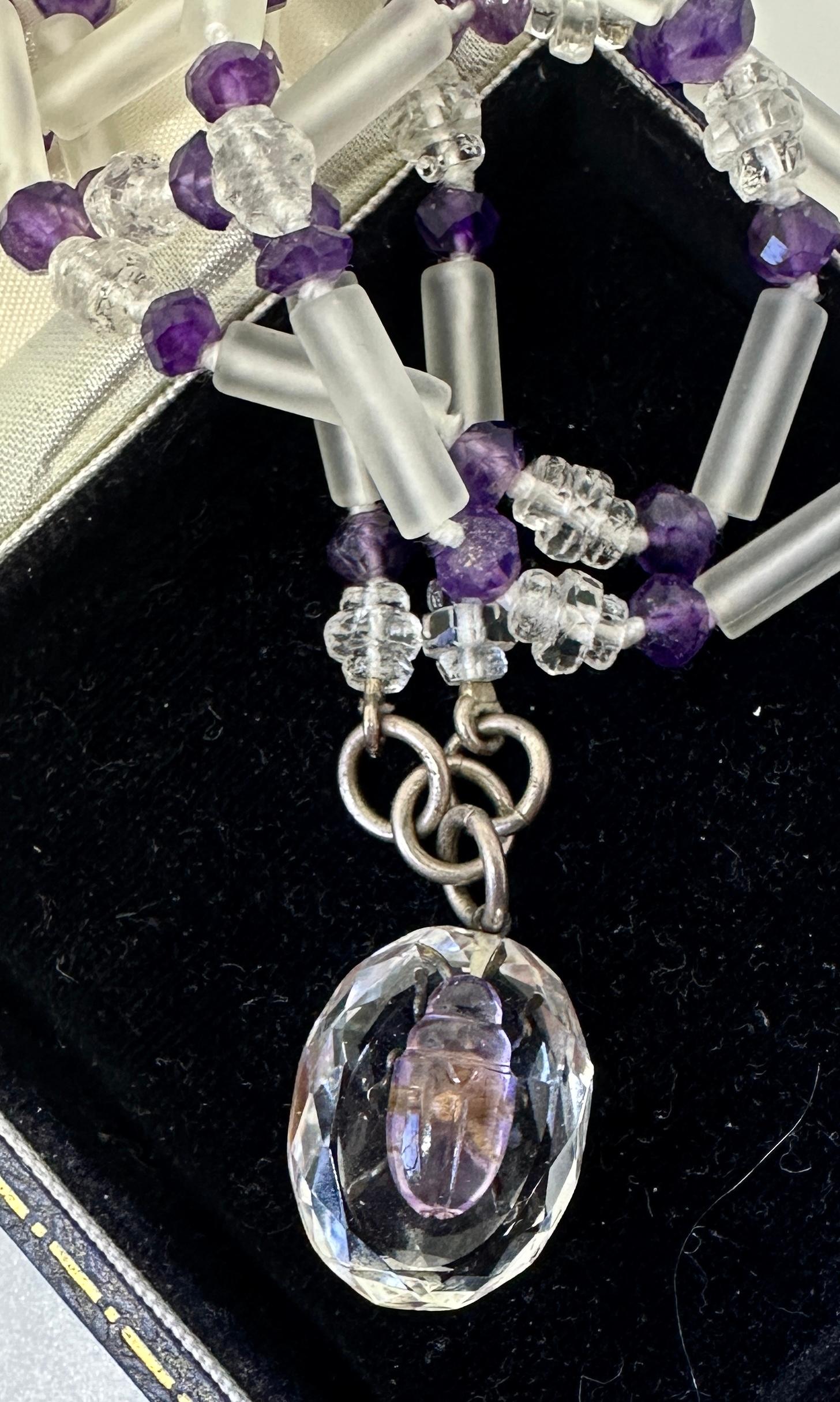 Victorian Beetle Bug Insect Necklace Amethyst Rock Crystal Antique Art Deco For Sale 2