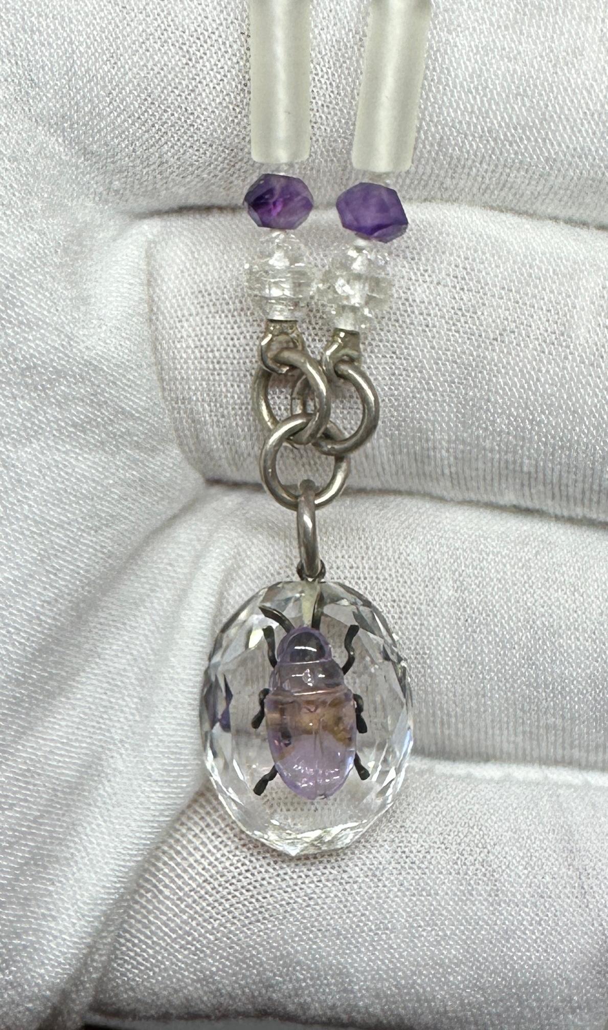 Victorian Beetle Bug Insect Necklace Amethyst Rock Crystal Antique Art Deco For Sale 3