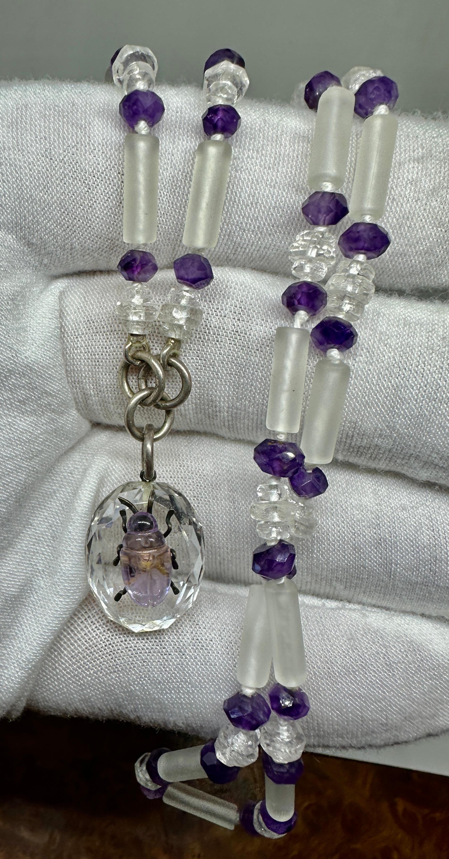 Victorian Beetle Bug Insect Necklace Amethyst Rock Crystal Antique Art Deco For Sale 4