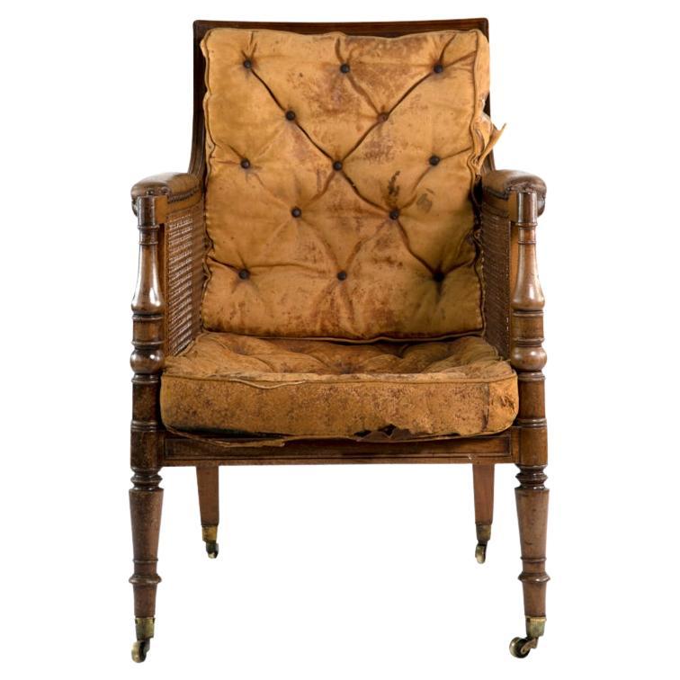 British Victorian Bergere Chair with original leather cushions For Sale