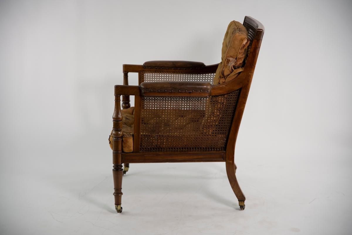 Leather Victorian Bergere Chair with original leather cushions For Sale