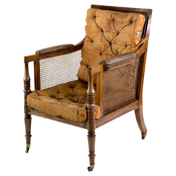 Victorian Bergere Chair with original leather cushions For Sale