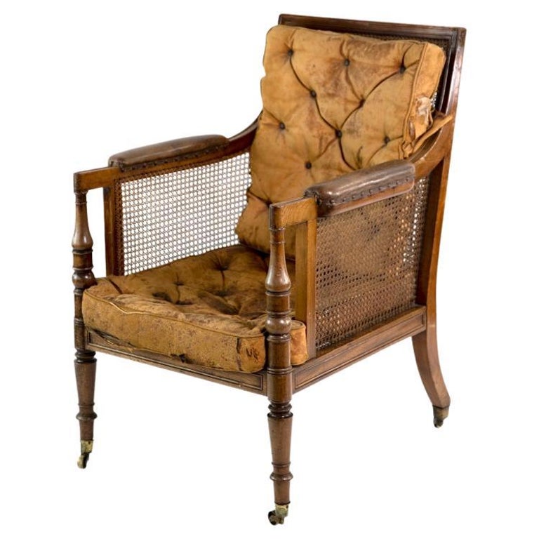 Victorian Bergere Chair with original leather cushions For Sale at 1stDibs